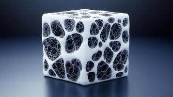 Abstract 3D Render of a White Cube with Intricate Black Lattice Structure photo