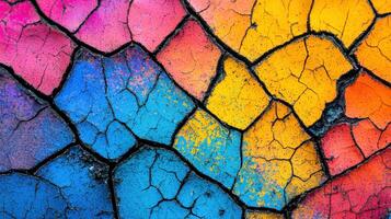 Vibrant Cracked Paint Texture Abstract Colorful Background Multicolored Artistic Surface photo