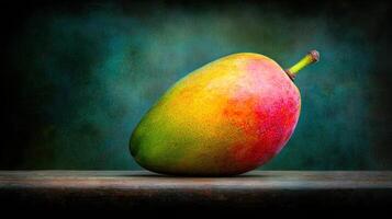 Vibrant Ripe Mango Fruit Still Life Photography on Rustic Wooden Surface photo