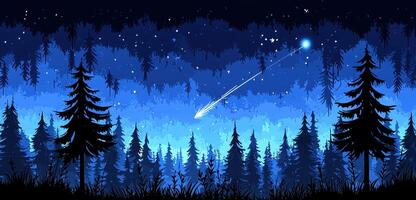 Enchanting Night Scene Shooting Star over Silhouetted Pine Forest photo
