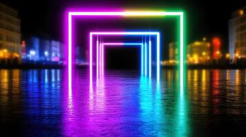Vibrant Neon Light Frames Reflecting on Wet City Night Surface photo