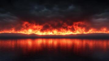 Fiery Inferno Landscape Dramatic Burning Mountains Reflected in Calm Water photo