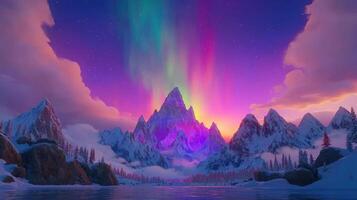 Majestic Winter Mountain Range at Sunset with Vibrant Aurora Borealis Display photo