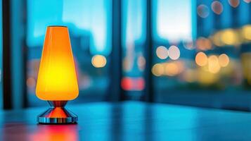 Illuminated Orange Table Lamp Glowing Brightly on a Table at Night with City Lights Bokeh Background photo