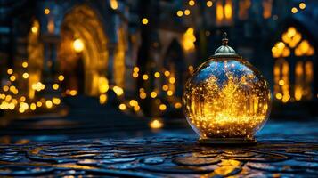 Enchanting Illuminated Glass Orb with Tree Reflection in a Magical Night Setting photo