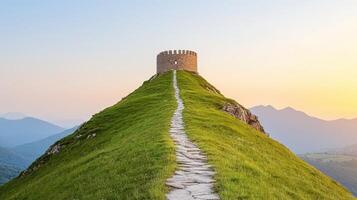 Serene Sunset View Stone Tower Path on Lush Green Hilltop photo