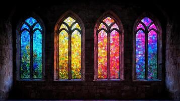 Vibrant Stained Glass Windows in Gothic Church Colorful Religious Architecture Artistic Design photo