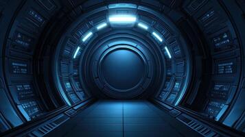 Futuristic Sci Fi Spaceship Corridor Interior Blue Neon Lights Circular Design Technological photo