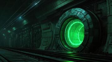 Futuristic Green Glowing Portal in Dark Sci Fi Train Tunnel photo