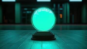 Glowing Teal Crystal Ball on Dark Wooden Floor Futuristic Sci Fi Setting photo