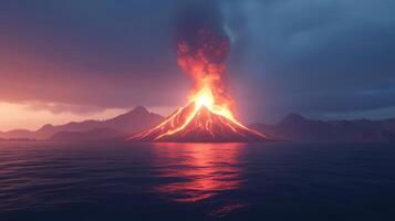 Dramatic Volcanic Eruption at Sunset Island Volcano Ocean Landscape photo