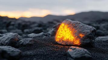 Glowing Volcanic Rock at Sunset Dark Lava Field Hot Stone Texture photo