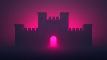 Mysterious Illuminated Castle Gate at Night Fantasy Fortress Pink Neon Glow photo