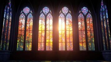 Majestic Gothic Cathedral Windows with Autumnal Sunlight and Colorful Trees photo