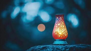 Illuminated Glass Lamp on Rock at Night Mystical Atmosphere Bokeh Background photo