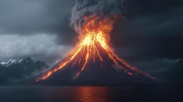 Dramatic Volcanic Eruption Over Dark Ocean Fiery Lava Flow Mountainscape photo