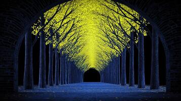 Enchanting Night Scene Yellow Leaf Trees Tunnel Under Archway photo