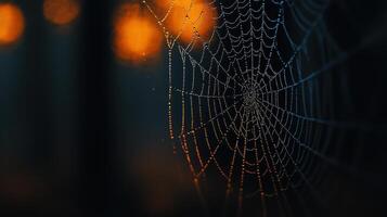 Intricate Spiderweb Glistening with Dew Drops at Dawn Nature Macro Photography photo