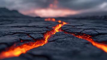 Glowing Lava Flowing Through Cracked Volcanic Rock at Sunset photo