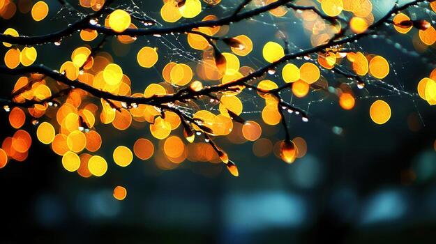 Magical Autumn Bokeh Wet Branch with Golden Lights and Spiderweb photo