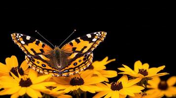 Vibrant Painted Lady Butterfly on Bright Yellow Flowers Isolated on Black Background photo