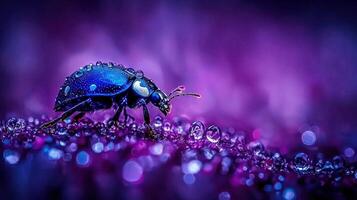 Vibrant Blue Beetle on Dew Covered Purple Flower Macro Photography photo