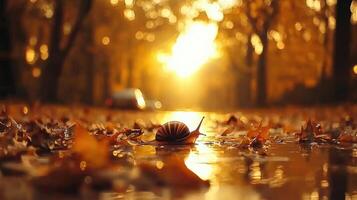 Golden Hour Snail Autumnal Scene with Snail Crawling on Wet Leaves at Sunset photo