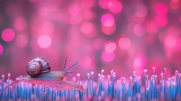 Snail on Leaf in Pink Bokeh Flower Field Macro Nature Photography photo