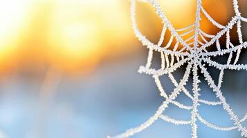 Sparkling Frost Covered Spiderweb at Sunrise Winter Nature Scene photo