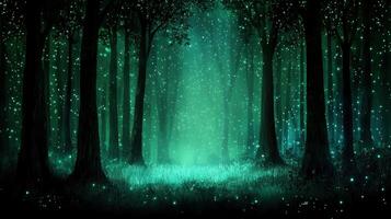 Enchanting Emerald Forest at Night Glowing Fireflies and Mystical Trees photo