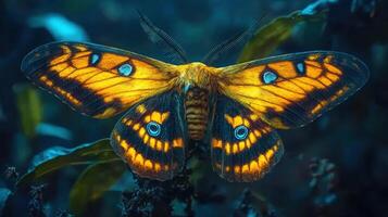 Vibrant Yellow and Blue Moth Close Up Detailed Insect Wings Nature Photography photo