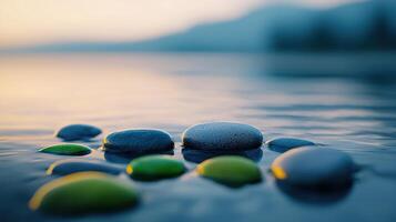 Serene Sunset Smooth Stones Floating Calmly on Tranquil Water photo