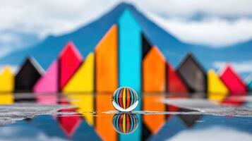 Vibrant Striped Marble Reflecting Colorful Geometric Shapes and Mountain Landscape photo