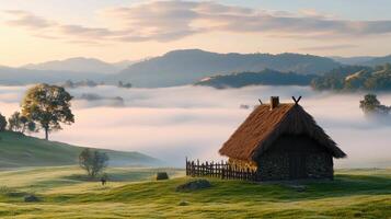 Serene Sunrise Stone Cottage in Misty Mountain Valley Landscape photo