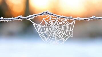 Frozen Spiderweb on a Frosty Branch at Sunrise Winter Wonderland Scene photo