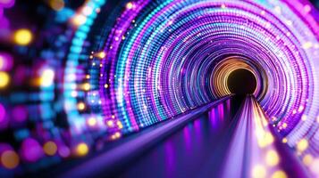 Futuristic Neon Light Tunnel Abstract Purple Blue and Yellow LED Lights Glowing Corridor Sci Fi photo