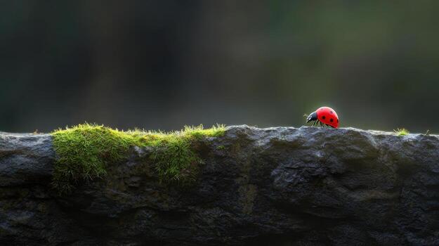 Ladybug Crawling on Mossy Rock Nature Close Up Photography Insect Macro photo