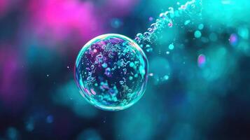 Vibrant Teal Bubble with Internal Reflections and Bokeh Background photo