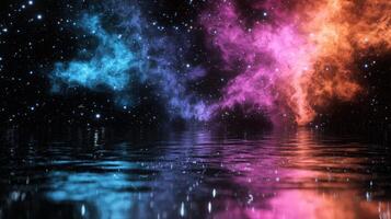 Celestial Reflection Pink and Blue Nebula Over Calm Water Night Sky Starscape photo