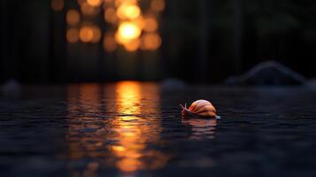 Sunset Reflections Snail Crossing Calm Water at Dusk photo