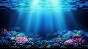 Vibrant Underwater Coral Reef Scene Sunbeams Illuminate Ocean Floor photo