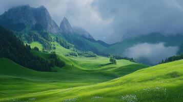 Serene Green Mountain Valley Landscape with Rolling Hills and Cloudy Sky photo