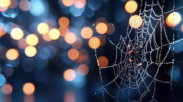 Dew Kissed Spiderweb at Night with Bokeh Lights Nature Macro Photography photo