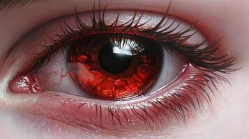 Close up Hyperrealistic Painting of a Red Eye with Detailed Eyelashes and Blood Vessels photo