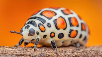 Striking Macro Photography of a Colorful Orange and White Spotted Ladybug Beetle on Wood photo