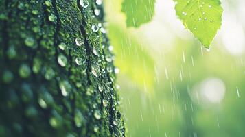 Rainwater Drops on Mossy Tree Bark Lush Green Nature Spring Showers photo