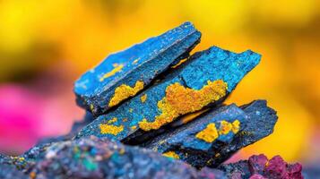 Vibrant Blue Yellow Rocks Close Up Macro Photography of Colorful Mineral Texture photo