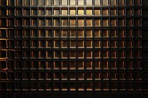 Abstract industrial design featuring a detailed metal grid with geometric patterns. The dark backdrop enhances the soft reflections, creating a modern aesthetic and ample space for text photo