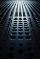 This composition showcases a textured metal grid with various geometric patterns against a dark backdrop. Soft reflections enhance the modern aesthetic, providing ample space for text overlay photo