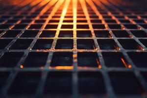 An abstract industrial backdrop showcases a metal grid with geometric designs. The soft light reflections create a modern, stylish atmosphere, providing clean space for text overlay photo